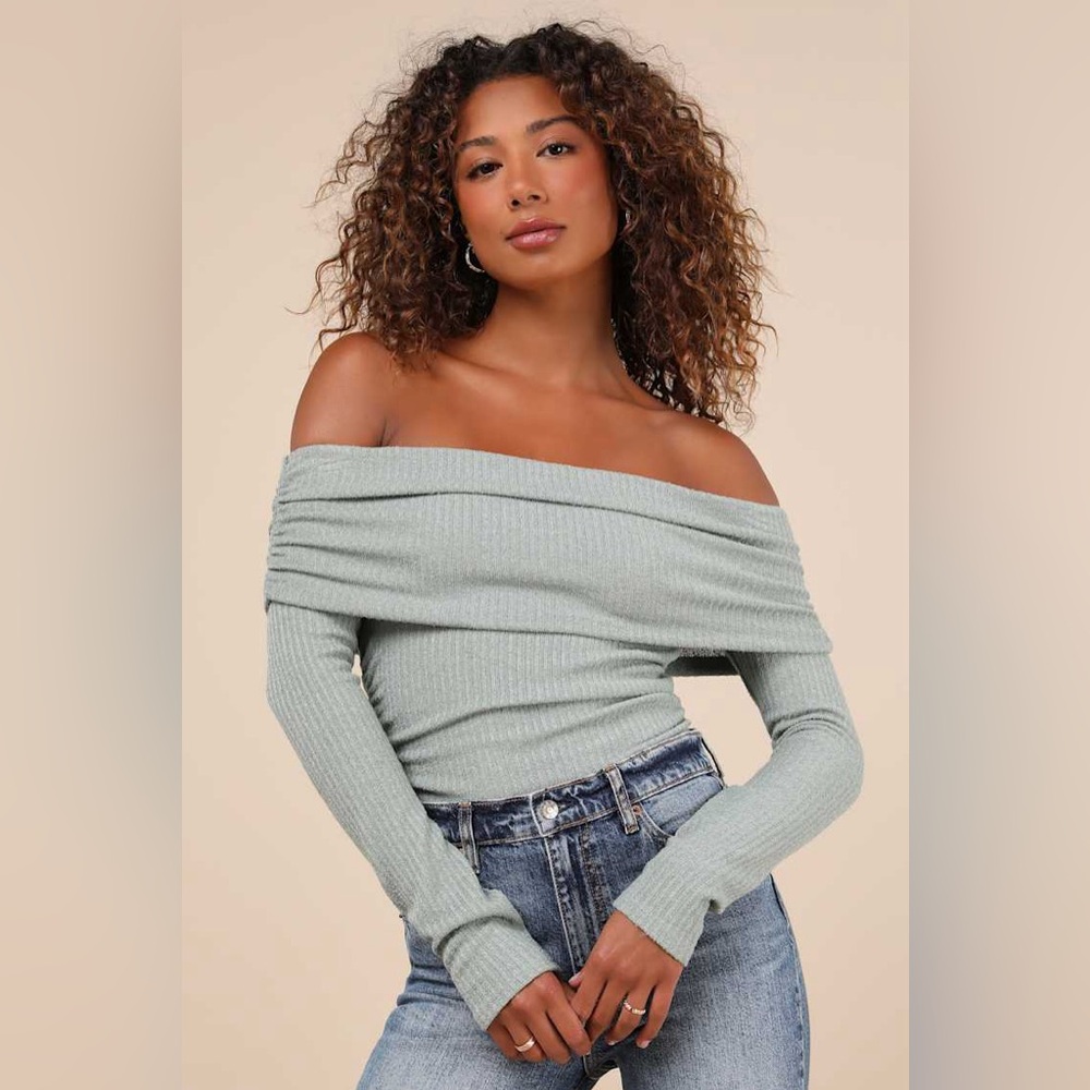 Lulu's Coveted Favorite Sage Green Textured Off-the-Shoulder Top Sweater Ruched